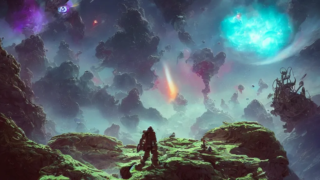 Prompt: Astronauts have a treasure with them, they are fighting with the giant Cthulhu that is hunting them, they have large blades, they are over the ring of the gas planet, this is an extravagant planet with wacky wildlife and some mythical animals, the background is full of nebulas and planets, the ambient is vivid and colorful with a terrifying atmosphere, by Jordan Grimmer digital art, trending on Artstation,