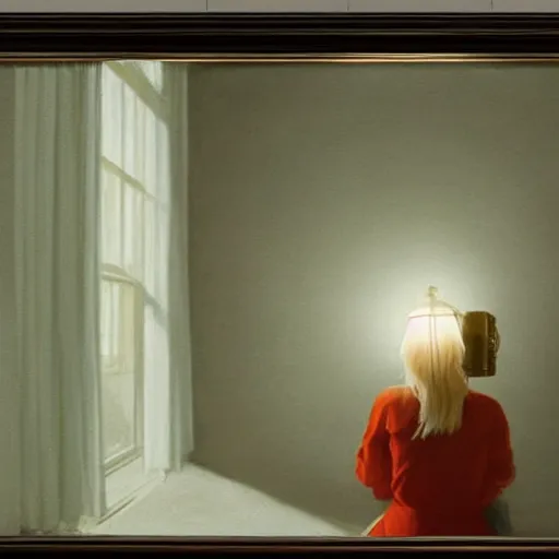 Image similar to Painting of Elle Fanning shining a flashlight, long blonde hair, delicate, pale milky white porcelain skin, very dark night, by Edward Hopper. 8K. Extremely detailed.