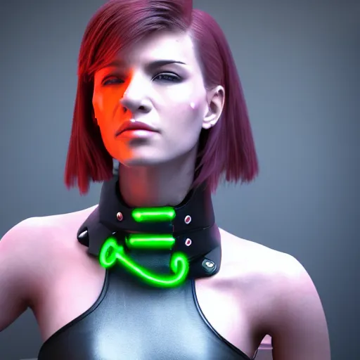 Prompt: realistic cyberpunk female wearing thick leather and steel collar, 4K, neon,