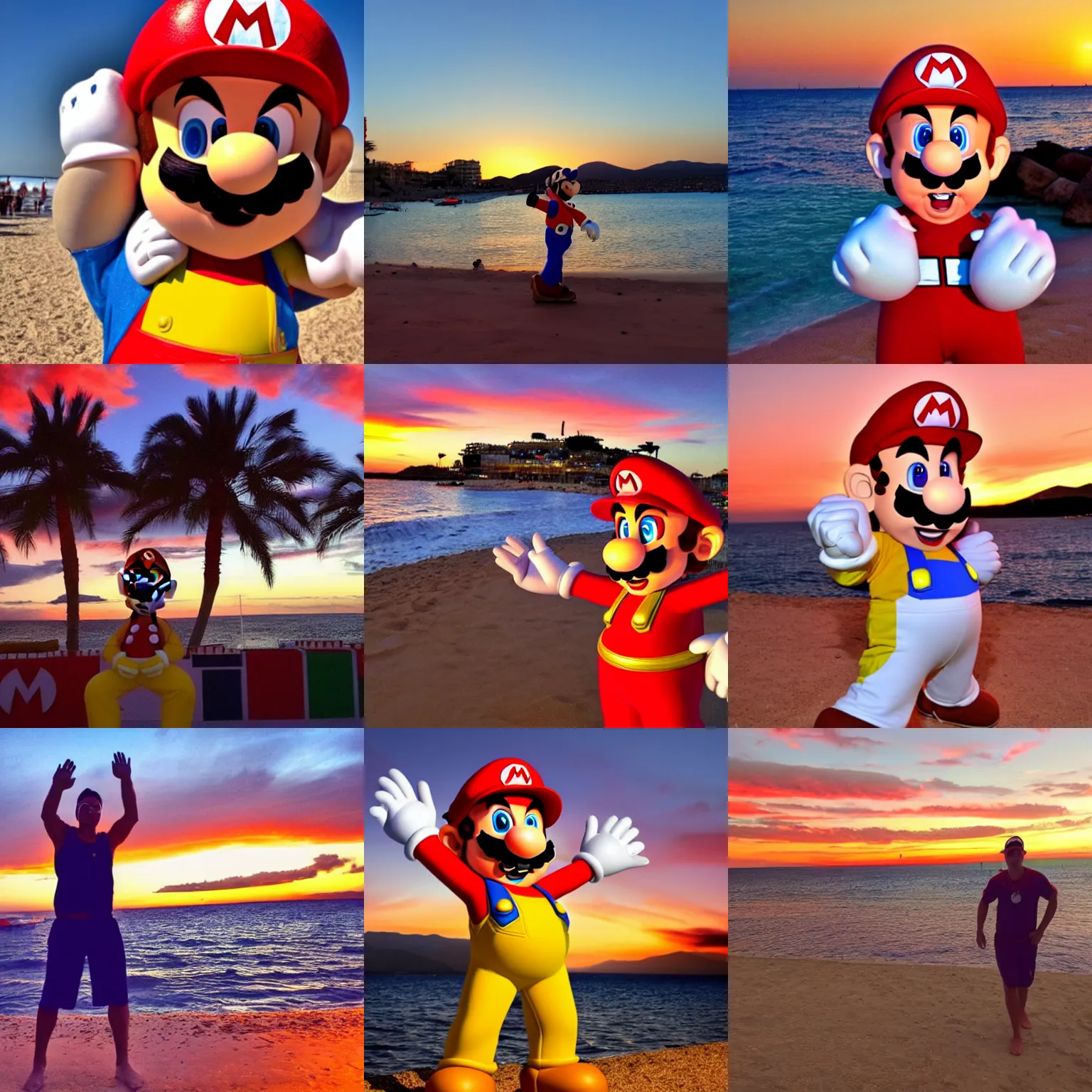 Prompt: super mario completely wasted in magaluf beach with a beautiful sunset in the background