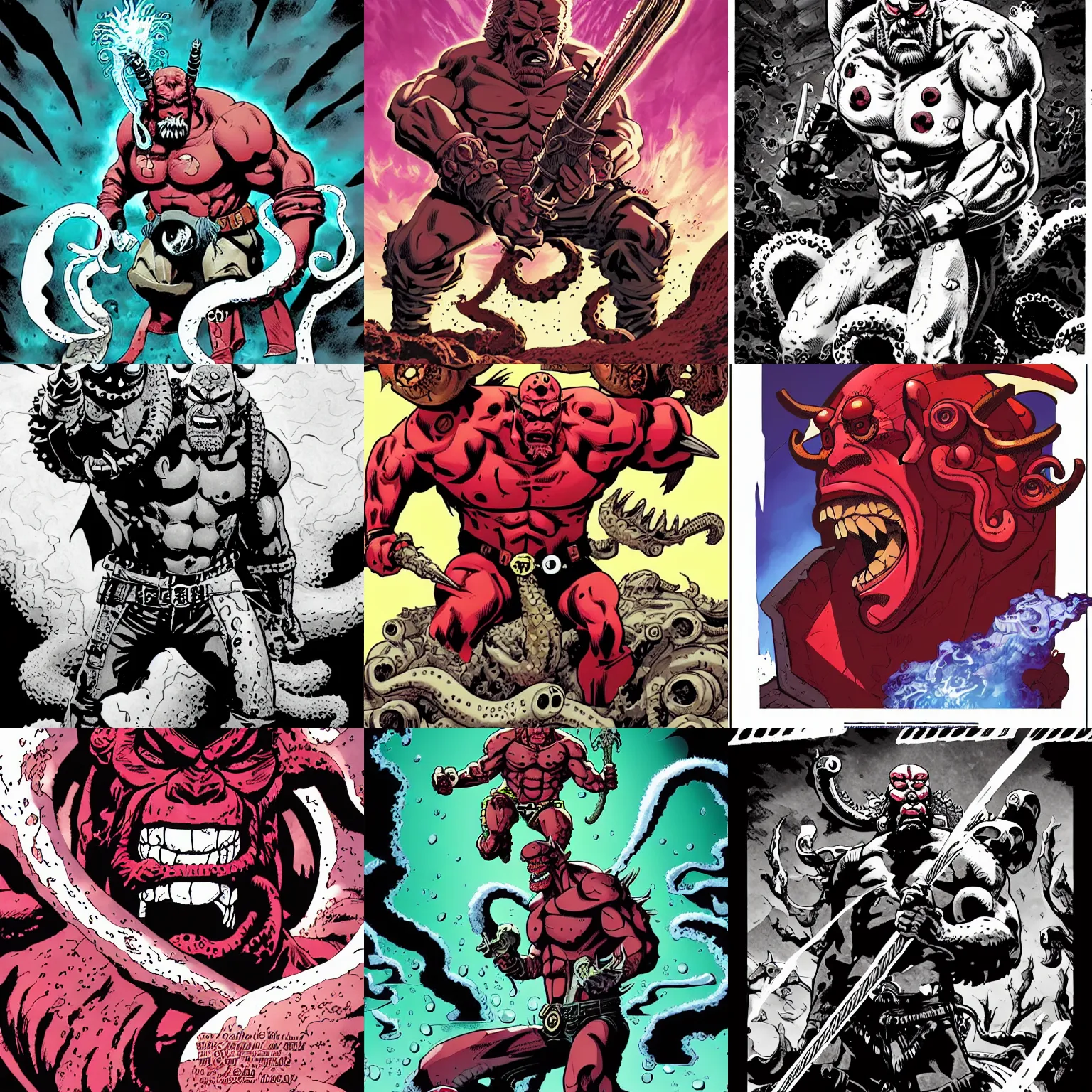 Prompt: epic composition comic book manga cover art illustration of Ron Perlman as hellboy , fighting a squid monster, high energy, by Mike Mignola, Frank Miller, Brian Stelfreeze, Erik Larsen, Dwayne Mcduffie, flat colors, chiaroscuro, 8k, hd, high resolution print