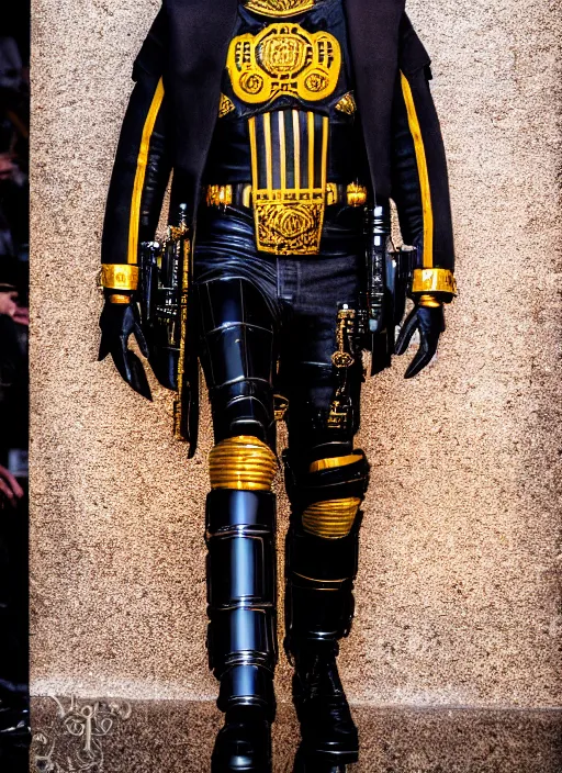 Image similar to hyperrealistic and heavy detailed versace runway show of judge dredd, leica sl 2 5 0 mm, vivid color, high quality, high textured, real life