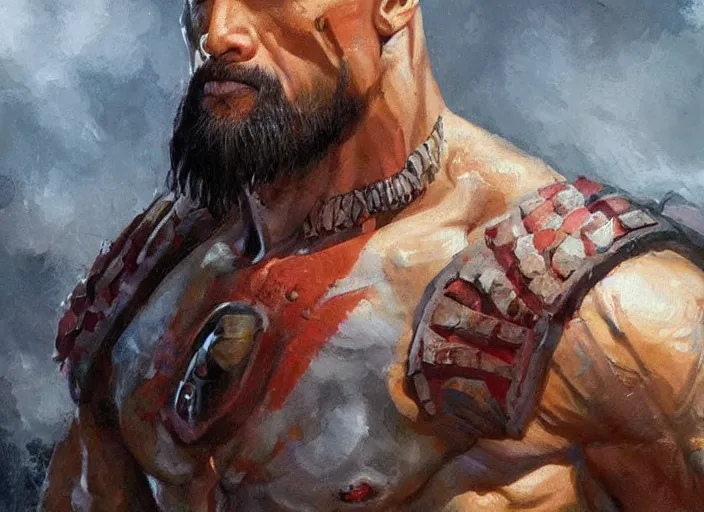 Image similar to a highly detailed beautiful portrait of dwayne johnson as kratos symmetric!!!!!, by gregory manchess, james gurney, james jean