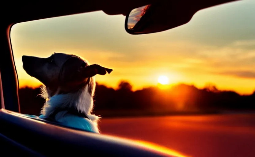 Image similar to a dog is looking out of a driving car window at sunset