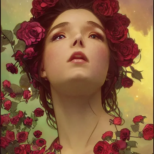 Image similar to meteorite made out of roses flying over the sky, roses trail, greg rutkowski, sharp focus, art by artgerm, alphonse mucha