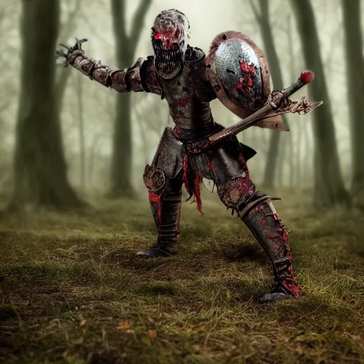 Image similar to a zombie knight in a scary forest, 8 k, shallow depth of field, 8 k, ultra high detail, concept art,