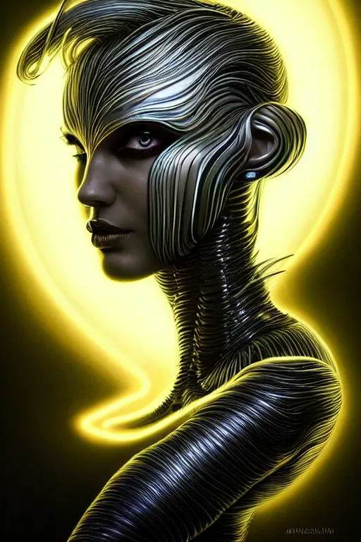 Prompt: Supermodel woman turning into an Android portrait, dark surrealism , scifi, intricate design, elegant, sharp black eyebrows, ornate long flowing platinum blonde hair and small black streaks, highly detailed cybernetic body, neon glowing eyes, digital painting, artstation, concept art, smooth, sharp focus, illustration, art by Artgerm and moebius and Peter Mohrbacher