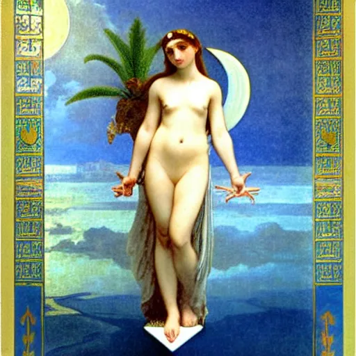 Image similar to Moon girl at the palace, thunderstorm, greek pool, beach and palm trees on the background major arcana sky, by paul delaroche, alphonse mucha and arnold böcklin arnold böcklin hyperrealistic 8k, very detailed