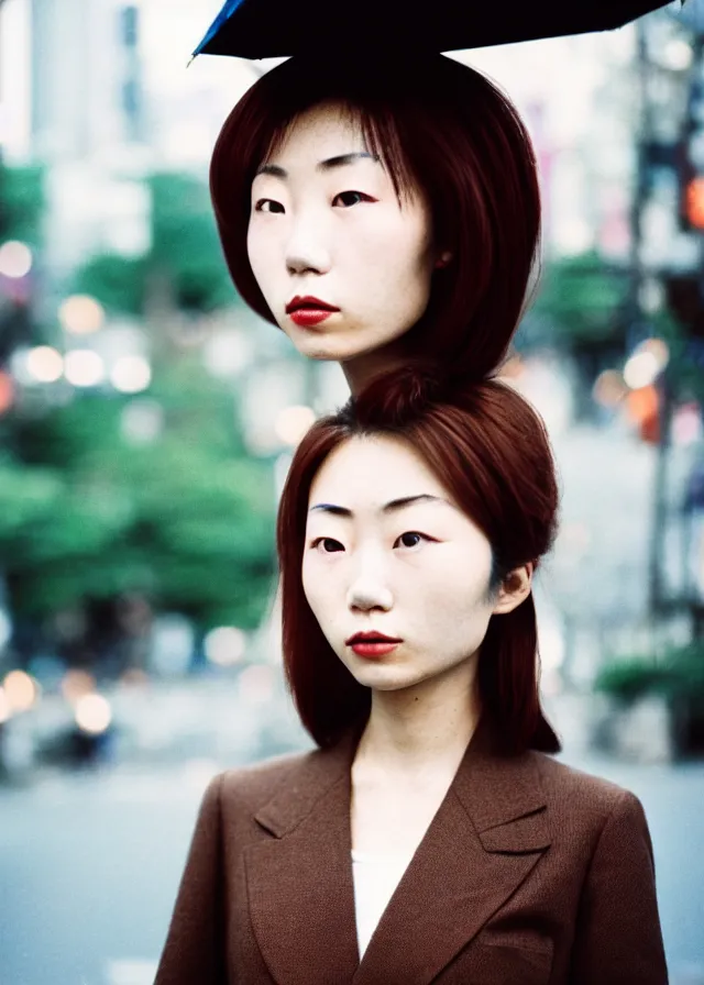 Prompt: a portrait street photograph shot on cinestill 5 0 d of a japanese woman in 9 0 s fashion with modest make up, hair died to a hazelnut brown, shot in shibuya tokyo on a 3 5 mm at f / 2. 8 and 1 / 1 2 0 0 shutter speed, print magazine quality, nostalgia, 8 k