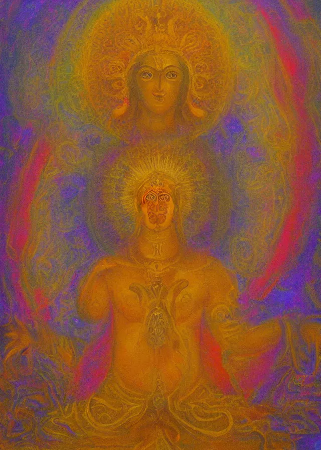 Image similar to holy deva of the golden mythos beloved (dreamy) gnostic fog, award winning oil painting, chromatic aberration sharp colors