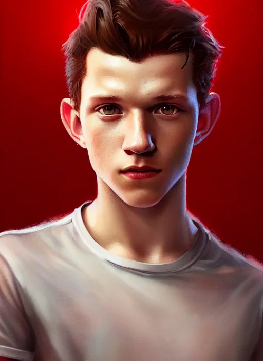 Image similar to portrait of tom holland with hazel eyes, hazel colored eyes, red shirt, intricate, elegant, glowing lights, highly detailed, digital painting, artstation, concept art, smooth, sharp focus, illustration, art by wlop, mars ravelo and greg rutkowski