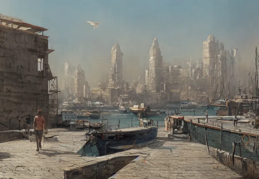 Image similar to a harbor with a concrete dock and a storage facility, old european city, summer season, very hot, dry desert, large sun in sky, architecture, a realistic digital painting by greg rutkowski and james gurney, trending on artstation, highly detailed