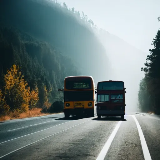 Prompt: bus on misty highway scene, the sun shining through the mountains