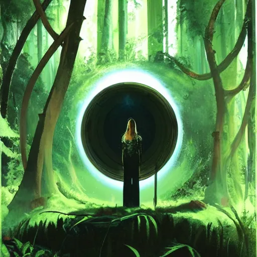 Image similar to portal in a middle of a lush futuristic forest, alien world seen through a portal, person in a cloak standing in front of a portal, syd mead, john harris