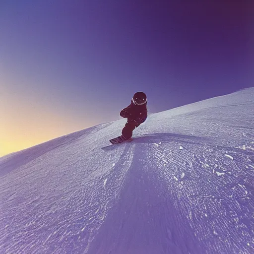 Prompt: A long shot of An astronaut snowboarding on Marsian dunes, at sunset, with wide angle lens, 15 mm, Kodachrome