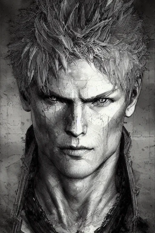 Image similar to portrait of dante from dmc, pen and ink, intricate line drawings, by craig mullins, ruan jia, kentaro miura, greg rutkowski