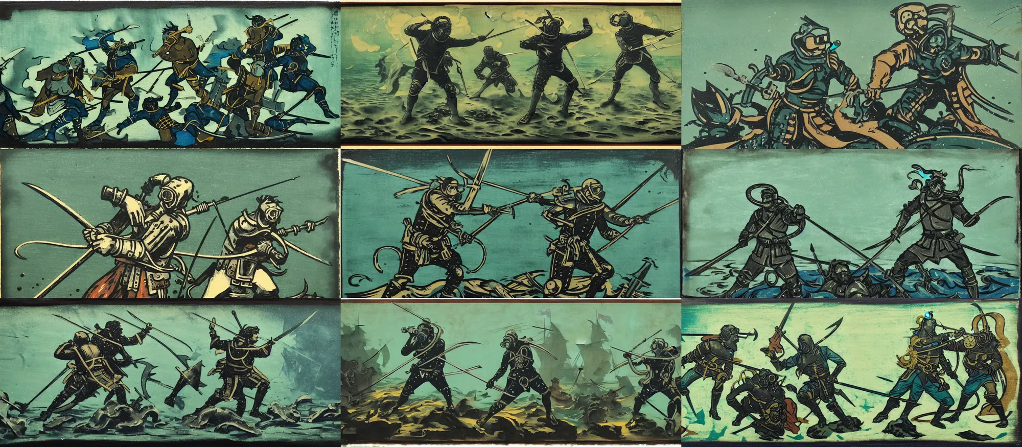 Prompt: battle scene, scuba - musketeer with swords, lorica segmentata and sashimono, art nouveau style, brutalist, woodcut, action scene, tintype, frenetic brushwork, chiaroscuro, figurative art, spatter, dust, atmospheric, volumetric lighting, prussian blue, burnt sienna, and sage green