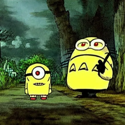 Prompt: minions in my neighbor totoro, miyazaki, anime,