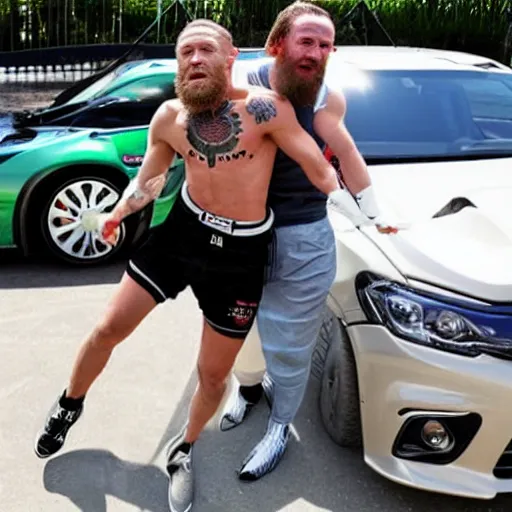 Image similar to a humanoid car wrestling conor mcgregor, ultra detailed, ultra realistic