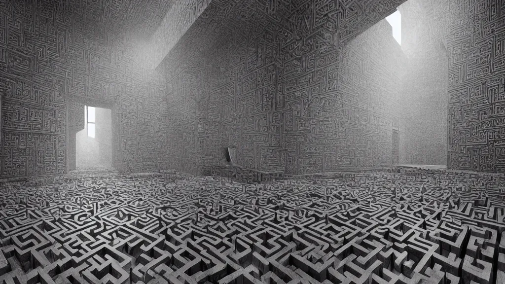 Image similar to a beautiful hyper realistic detailed matte painting of a maze where the walls create the shape of a mad owl, dramatic lighting, dynamic lighting, cinematic lighting, dynamic lighting, cinematic lighting, lit by morning light, by maurits cornelis escher, black and white, featured on artstation, ultrawide angle