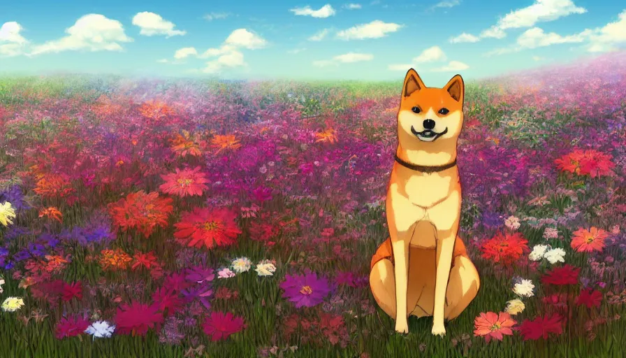 Concept art 2d corgi resting on a flower field, large game wallpaper,  farmville style, high quality on Craiyon