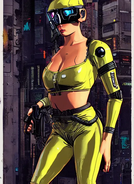 Image similar to cyberpunk mercenary in tactical gear and jumpsuit. high kick cyber chick. portrait by stonehouse and mœbius and will eisner and gil elvgren and pixar. realistic proportions. dystopian. cyberpunk 2 0 7 7, apex, blade runner 2 0 4 9 concept art. cel shading. attractive face. thick lines.