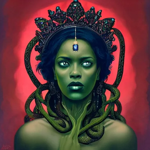 Image similar to portrait of a queen with a crown of snakes, desi dark skin, kneeling, dramatic lighting, blue and green, by Anato Finnstark, Tom Bagshaw, Brom