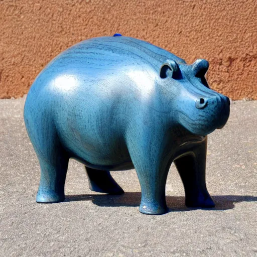 Image similar to wood block small hippo statue, wood blocks bottom hippo body, blue chrome top hippo body, by a genius craftsman, highly detailed