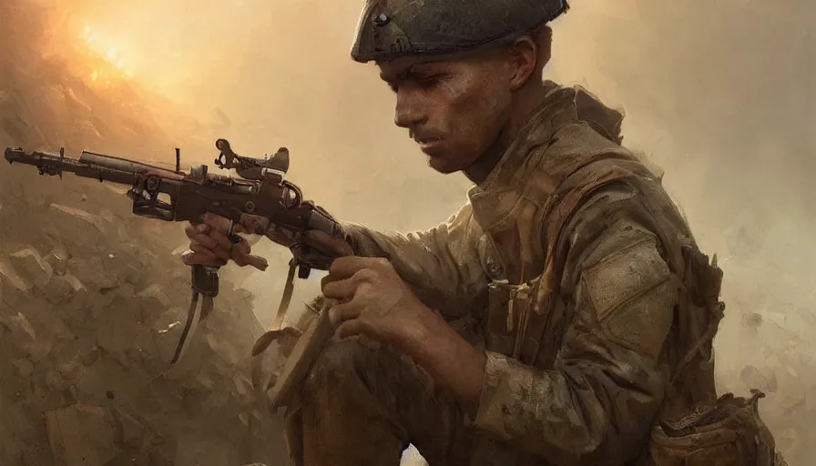 Prompt: beautiful digital painting of a love survivor, one soldier after his squad killed in action in a trench waiting for the war to end. cinematic lighting and rendering, atmospheric, concept art, high detailed faces, artstation by artgerm and greg rutkowski,,
