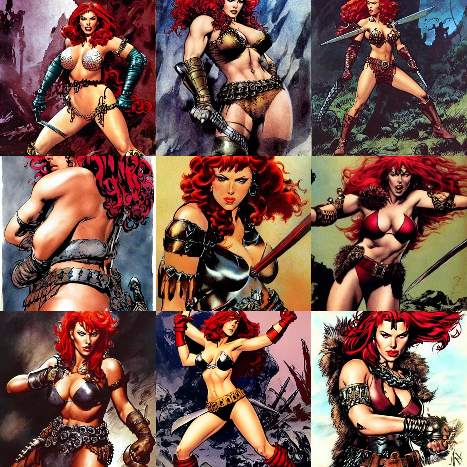 Prompt: scarlett johansson is red sonja by frank frazetta, simon bisley