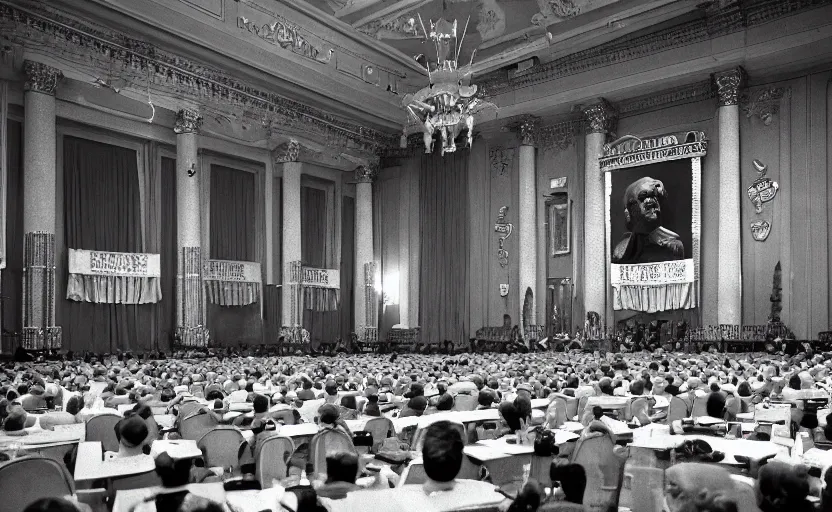 Image similar to 60s movie still of a CCCP congress with soviet flags and a bronze statue of Karl Marx stanilist style palace interior, by Irving Penn , cinestill 800t 35mm black and white, heavy grainy picture, very detailed, high quality, 4k, HD criterion, precise texture