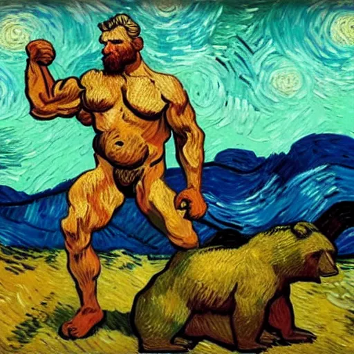 Prompt: a painting of an incredibly buff vincent van gogh with massive muscles wrestling a bear, 4 k, high resolution, still, landscape, hd, dslr, hyper realistic