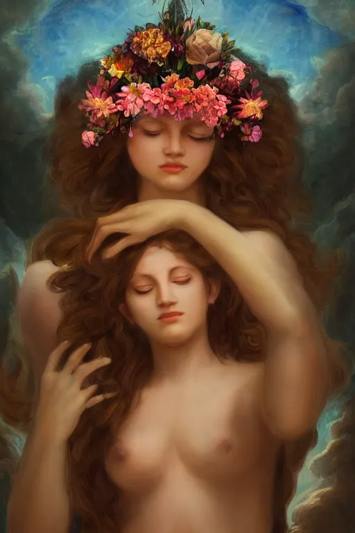 Image similar to the Divine Feminine, Beautiful, Flower Crown of the Gods, Woman, All Races, All Cultures, Female, Birth of creation, Mother Earth, Divinity, Hope, Ethereal, Renaissance Painting, Atmospheric Lighting, artstation trending