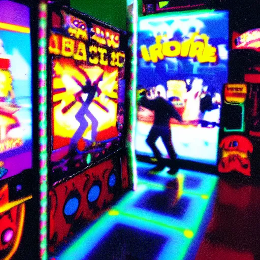 Prompt: a real life depiction of an in the groove 2 dedicated arcade cabinet dance game