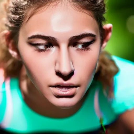 Image similar to an extreme close-up of the face of a young woman exercising, award winning photo, very detailed, 8k cinematic, beautiful lighting effects