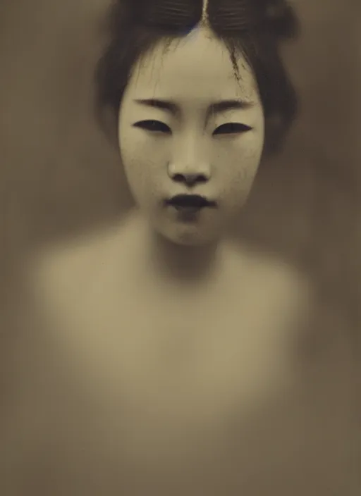 Image similar to a wet plate portrait of a young asiatic young woman, geisha, photorealistic, cinematic light, highly detailed, smooth, sharp focus, illustration, shallow depth of field