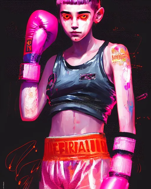Image similar to detailed portrait Neon boxer Girl, cyberpunk futuristic neon, reflective crop top and shorts, boxing gloves, decorated with traditional Japanese ornaments by Ismail inceoglu dragan bibin hans thoma greg rutkowski Alexandros Pyromallis Nekro Rene Maritte Illustrated, Perfect face, fine details, realistic shaded, fine-face, pretty face