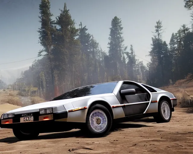 Image similar to new concept for a delorean, cinematic, photoreal, by red dead redemption 2