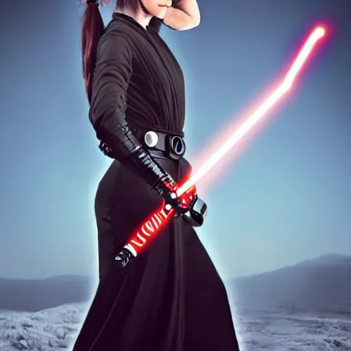 Image similar to beautiful, gorgeous woman with two lightsabers, star wars themed, realistic photo