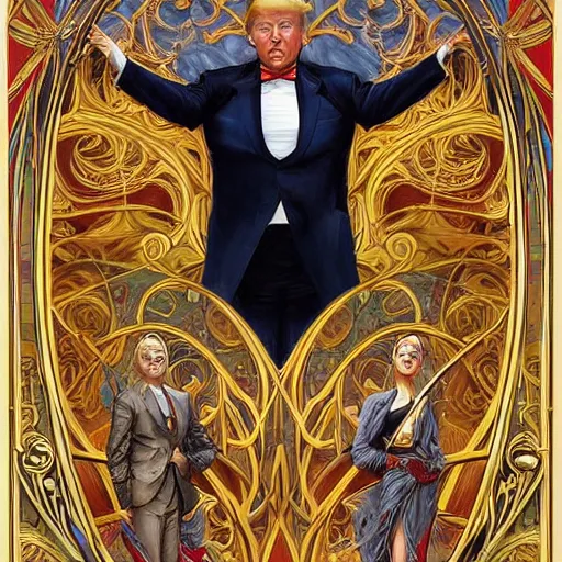 Image similar to an art nouveau painting of donald trump in the style of donato giancola, and in the style of charlie bowater, and in the style of claudio errico. symmetry, smooth, sharp focus, semi - realism, intricate detail.