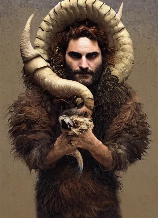 Image similar to a hyper detailed painting of an anthropomorphic joaquin phoenix as the king of animals, cow horns, pig nose, sheep wool, chicken feathers, horror, by anna podedworna, by miklos ligeti, by diego maricato, by taran fiddler, by antonino truisi, by chris reddie, on artstation