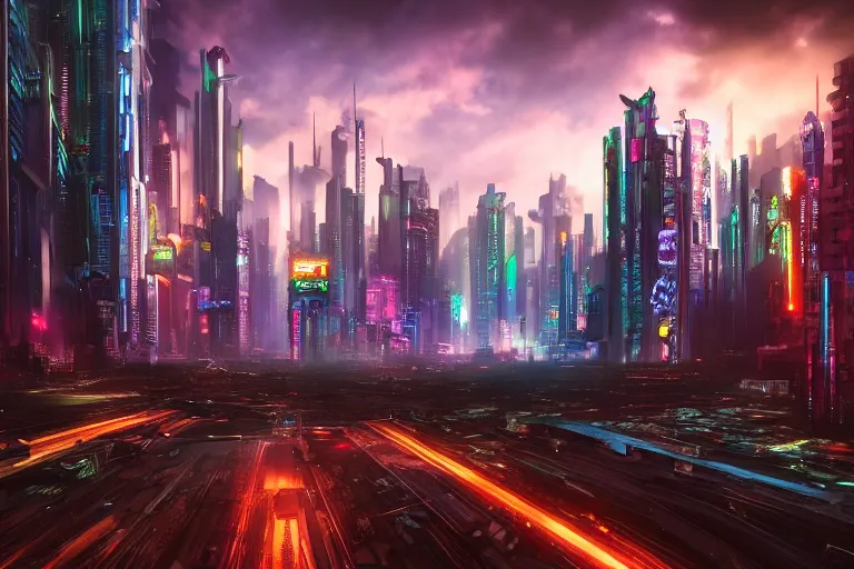 Image similar to photograph of a cyberpunk city by marc adamus, futuristic, hd, 8 k, trending on pexels, detailed shot, sharp focus