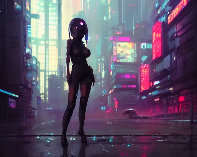 Image similar to Beautiful full body portrait of beautiful cyberpunk woman by Greg Rutkowski and Krenz Cushart and Pan_Ren_Wei and Hongkun_st and Bo Chen and Enze Fu and WLOP and Alex Chow, Madhouse Inc., anime style, crepuscular rays, set in rainy futuristic cyberpunk Tokyo street, dapped light, dark fantasy, feminine figure, smooth skin, gorgeous, pretty face, beautiful fashion model body, high detail, hyper realistic, cgsociety, trending on artstation