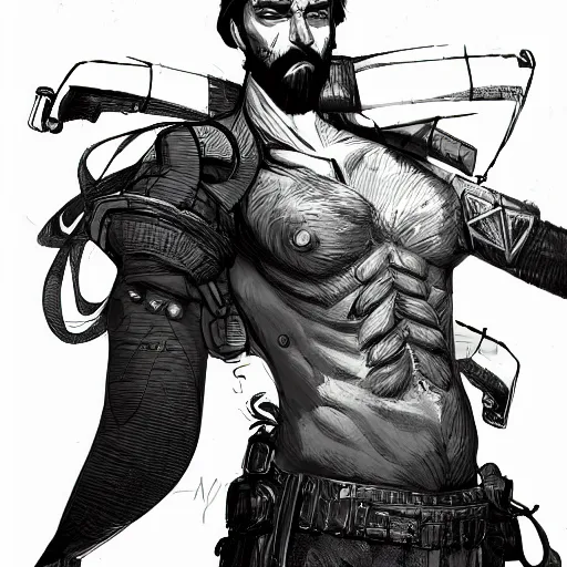 Image similar to concept art character, very high angle view, book cover, very attractive man with beard, walking in cyberpunk valley highly detailed full body, strong masculine features, sturdy body, command presence, royalty, smooth, sharp focus, organic, appealing, book cover, deep shadows, by Dave McKean, borderlands 3, sketch lineart for character design