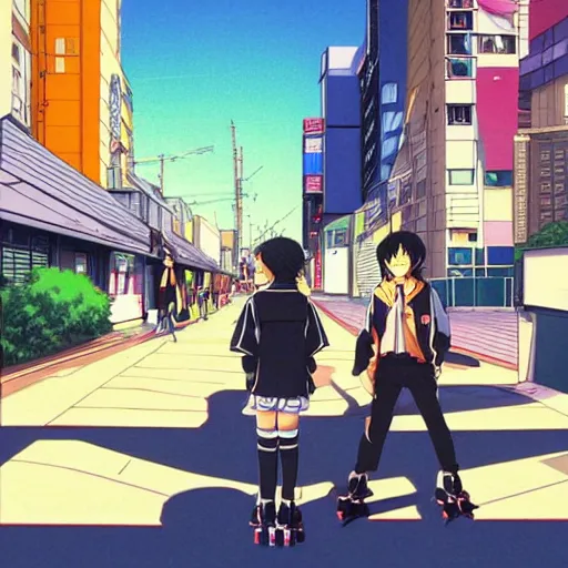 Prompt: twin japanese anime boys, short boys, long black hair, black clothes, rollerblades, cel - shading, 2 0 0 1 anime, flcl, jet set radio future, futuristic city, japanese city, colorful buildings, cel - shaded, strong shadows, vivid hues, y 2 k aesthetic, art by artgerm