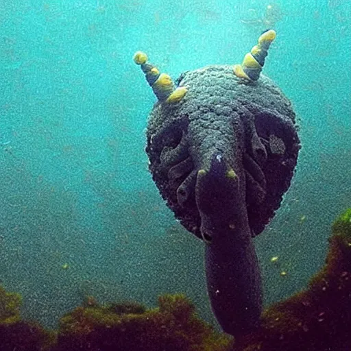 Image similar to a photo of an underwater unicorn discovered by scientists in the murky depths of the ocean using a submersible