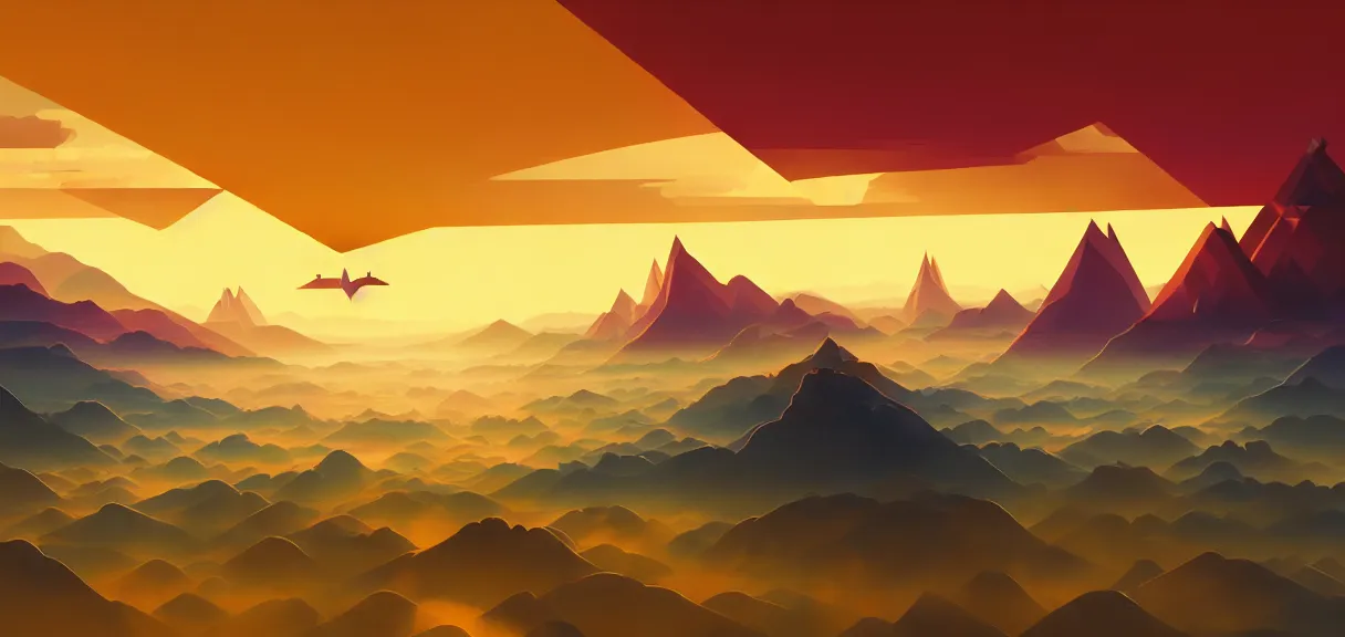 Prompt: symmetrical post - minimalism landscape of a magical triangle city bird's eye view, sky whales, golden clouds, mountain range, vibrant gamer color scheme, highly detailed, in the style of romanticism, cinematic, artstation, moebius, greg rutkowski