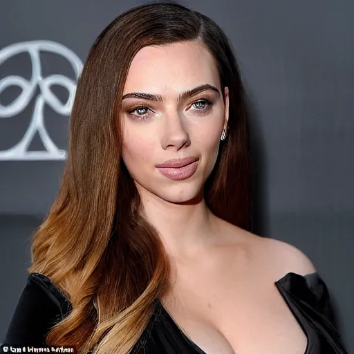 Image similar to a woman who is a genetic combination of kim kardashian and kat dennings and scarlett johansson and margot robbie and emma watson, face and upper - body focus