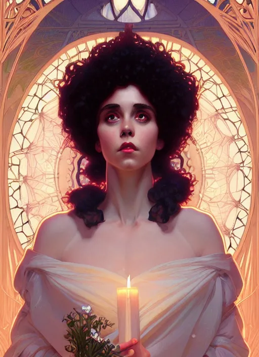 Image similar to symmetry portrait of poly styrene, fantasy, renaissance wear, glowing candles intricate, elegant, highly detailed, digital painting, artstation, concept art, smooth, sharp focus, illustration, art by artgerm and greg rutkowski and alphonse mucha