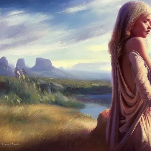 Prompt: blonde female jedi, Swedish countryside, landscape view, archipelago, freedom, abstract, by Vladimir Volegov, wlop, artstation